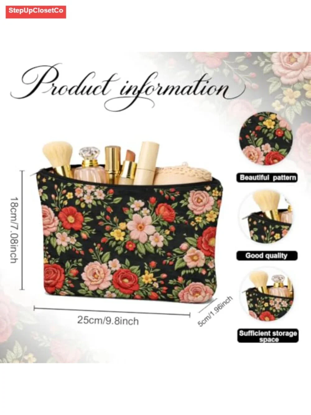 Embroidered Floral Makeup Bag, Double Sided Polyester Cosmetic Pouch, Large